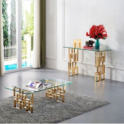 Vintage Luxury Coffee Center Tables 200lb Gold Brushed Glass Top Stainless Steel