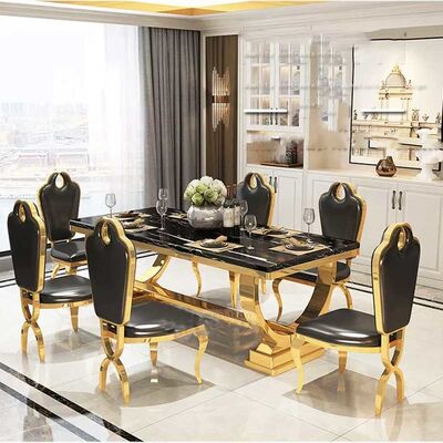 Rectangle Shape Dubai 8 Seater Marble Dining Table Set Stainless Steel Base With Chairs