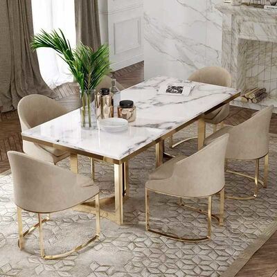 Eco Friendly Beige Leather Dining Chair Luxury Gold Stainless Steel Metal Frame Leg