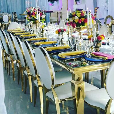 Luxury Hotel Wedding Table And Chairs Stainless Steel Leg With Morrored Top
