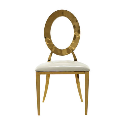 Stainless Steel Gold Round Back Wedding Dining Chairs With White Leather Cushion