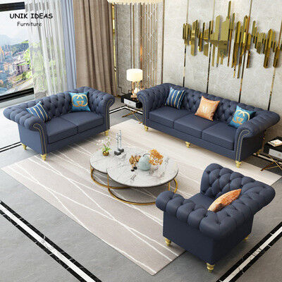 Contemporary Black Blue Leather Sectional Sofa Living Room Leather With Ottoman