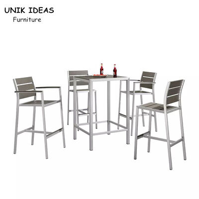 İyi bir fiyat. 7 Piece Bistro Bar Table And Stools Aluminum Frame Wood Surface UV Resistant çevrimiçi