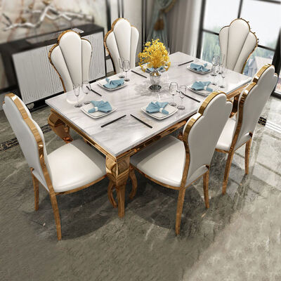 İyi bir fiyat. White Marble Dining Table And Chairs Set Stainless Steel Rectangle çevrimiçi